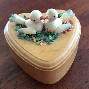Estate Vintage Italian Heart-Shaped Wooden Trinket Box with Lovebirds